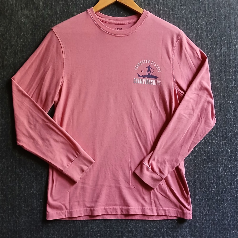 IZOD Saltwater Men Salmon Pink Long Sleeve Longboard Classic Graphic T-Shirt S